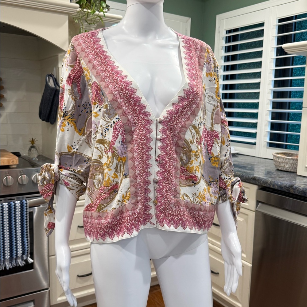 Free People Pink and Gold Floral Blouse XS